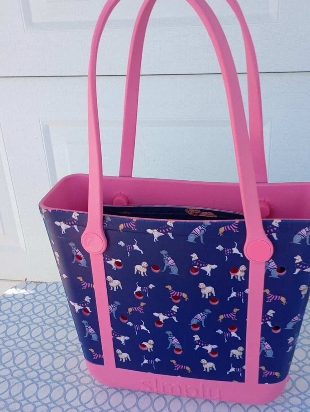 Simply Southern Dog Print Tote Bag • 29in Removable Handles • Navy & Pink • LG - Picture 5 of 10